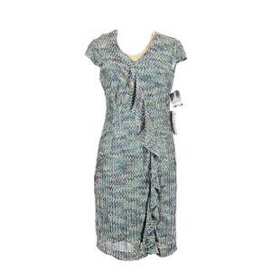 Gabby Skye Teal Chevron Print Faux Wrap Ruffled V-Neck Boho Dress Size 12